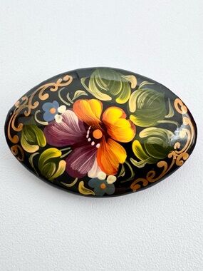 Vintage Russian Floral Hand Painted Lacquered Wooden Brooch Pin Artist Signed